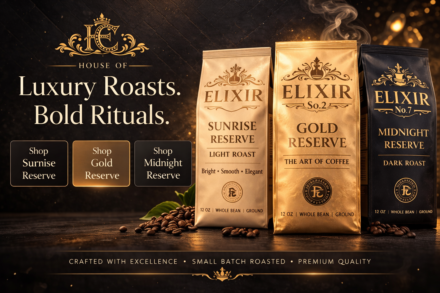 House of Elixir Coffee luxury collection featuring Sunrise Reserve light roast, Gold Reserve medium roast, and Midnight Reserve dark roast 100% Arabica coffee beans.